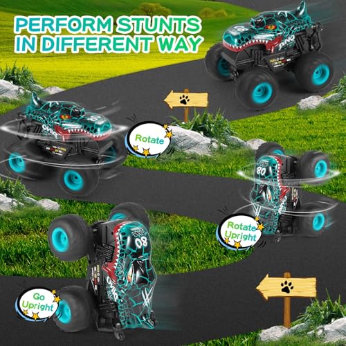 Uniiking® Remote Control Monster Car, 2.4Ghz All Terrain Dinosaur Monster Truck Toys, RC Truck with Music, 3 Lighting Effects, 360 Stunt Capable, Toy Gifts for Boys and Girls (Cyan)