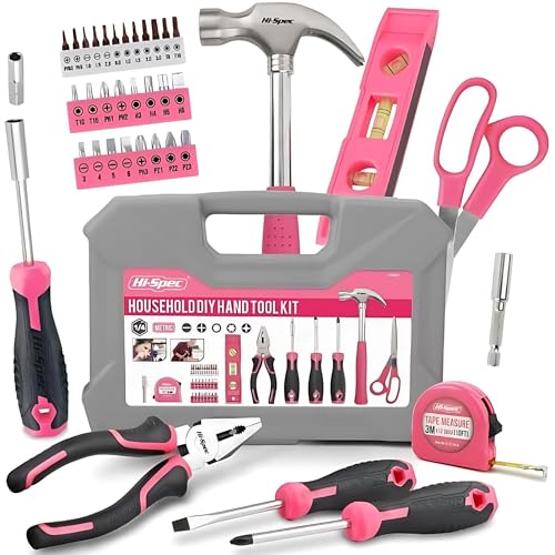 Hi-Spec Werkzeugset mit Koffer, Hammer, Bits und Maßband, Pink