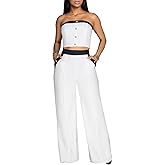 KANSOON Two Piece Outfits for Women Strapless Top and High Waist Wide Leg Pants Vacation Going Out Set