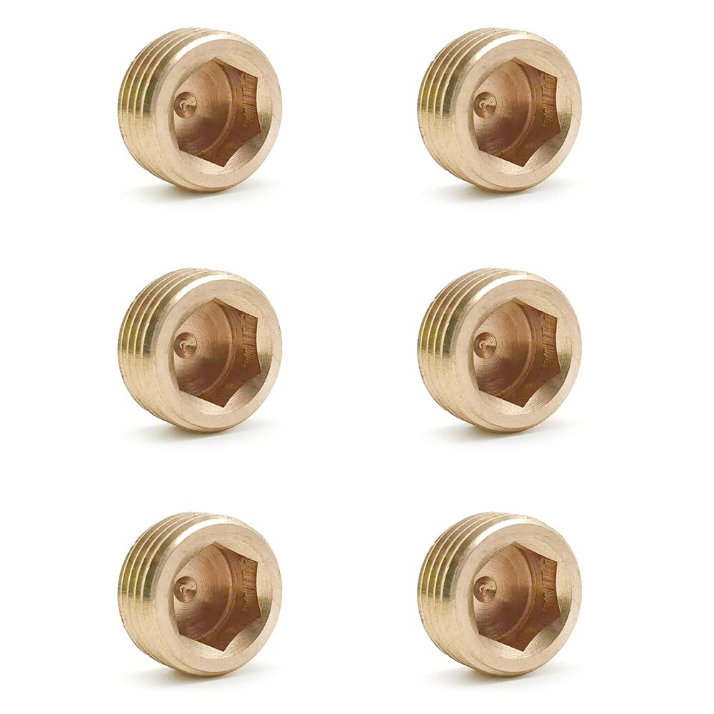 KtbeYTi 6 Pcs Male Thread Brass Internal Hex Head 1/2 inches Brass Internal Hex Pipe Plug Socket Pipe Plugs End Cap, for Water Fuel Pipeline etc