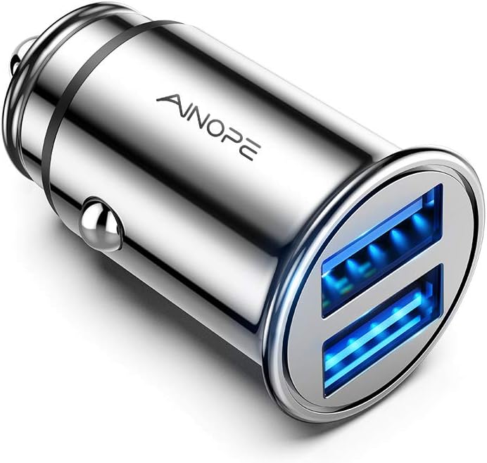 AINOPE Car Charger, 4.8A All Metal Car Charger Adapter Dual USB Port Fast Car Charging Mini Flush Fit Compatible with Xs max/XR/x/7/6s, Air 2/Mini 3, Note 9/Galaxy S10/S9/S8, Phone, Tablet-Silver