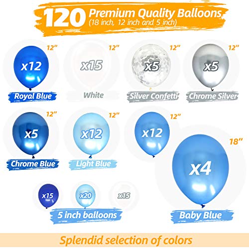 Bloonsy Blue Balloon Garland Kit | Balloon Arch Kit with Blue and White Balloons | 120 Pack | Silver Confetti, Navy Blue, Royal Blue Balloons | Blue and Silver Party Decorations