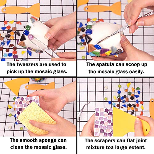 WOWOSS 9 Pieces Mosaic Tools Kit, Mosaic Tiles Beginner Set Including 2 Scrapers, 2 Tweezers, 1 Double-Ended Hook, 1 Spatula, 1 Sponge, 1 Cleaning Cloth and Storage Bag