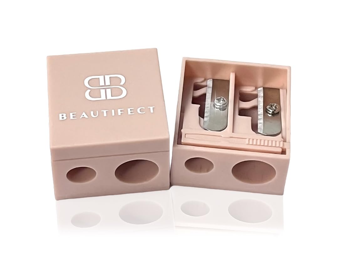 Beautifect Pencil Sharpener, Fits Regular & Large Lip or Eye Pencils, Perfect Points, Built-in Cleaning Pick, Nude Colour