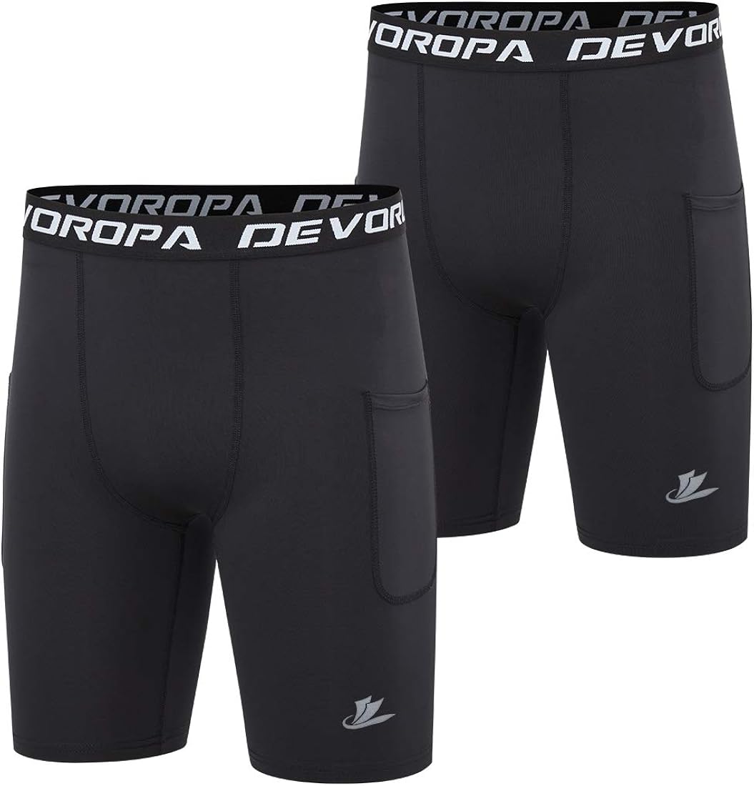 Devoropa Youth Boys' Compression Shorts Performance Athletic Base Layers Workout Training Underwear Side Pocket (Pack of 2): Clothing