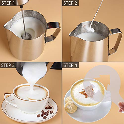 Milk Frother, PEMOTech [3 in 1] Electric Milk Forther with Mix Spoon & 16 PCS Art Stencils, Handheld Portable Frother Foam Maker Double Spring Whisk Head with Additional Single Spring Whisk Head, Foam Maker For Latte Cappuccino Hot Chocolate - Thumbnail 5
