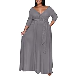Runwind Plus Size Maxi Dress Sexy 3/4 Sleeve V Neck