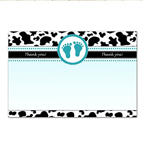 30 Blank Thank You Cards Teal Black White Cow Skin Animal Pattern Farm Design Baby Shower Party + 30 White Envelopes