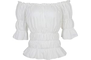 KRANCHUNGEL Women Renaissance Blouse Victorian Steampunk Pirate Shirt Off Shoulder Short Sleeve Smocked Blouse Tops