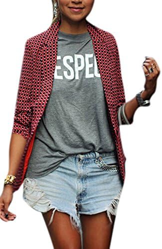 Friendshop Womens Casual Red Check Lapel Long Sleeve Slim Jacket Blazer Coat