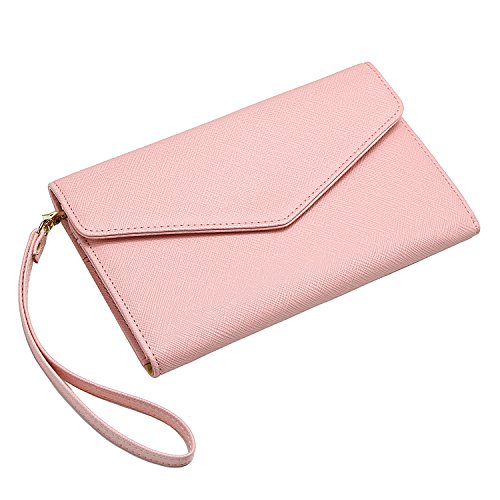 Krosslon Rfid Passport Holder Wristlet Travel Wallet Trifold Documents Organizer Slim Purse, Fit US UK CA Passport Cover Traveling Accessories for Women, Rose Quartz(205#)