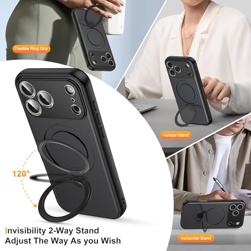 PANXIYUE iPhone 17 Pro Max Case with Stand, MagSafe Compatible Rotating Case, Scratch Resistant PC Back + Protective Case with TPU Frame and Adjustable Ring, Black