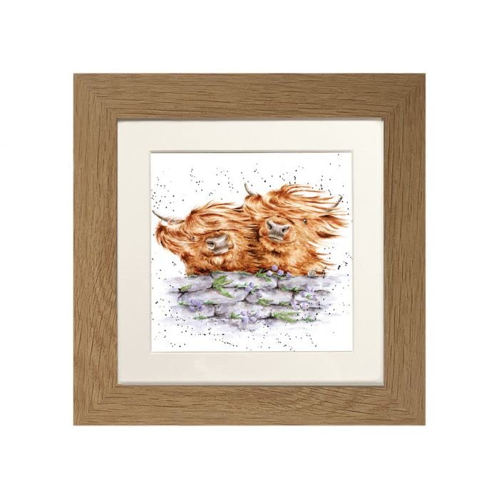 Wrendale Designs Highland Cow Framed Picture in Wood Frame Blown Away (Oak)