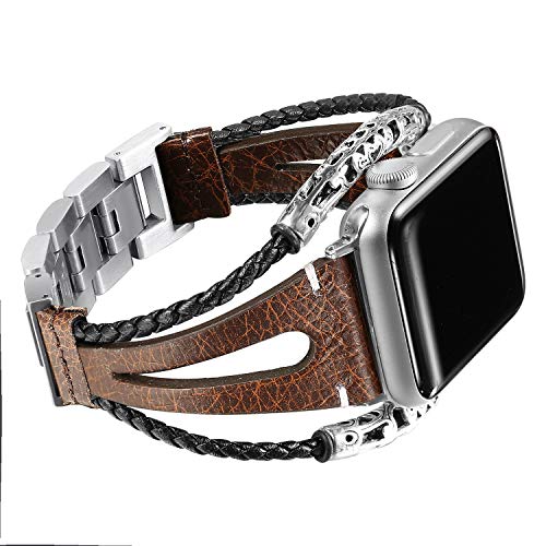 Secbolt Leather Bands Compatible Apple Watch Band Series 4 44mm, Series 3/2/1 42mm, Double Twist Handmade Vintage Natural Leather Bracelet Replacement Bracelet Straps Women (Brown Gray (42mm&44mm))