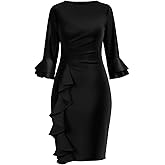 Church Dresses for Women Long Sleeve Bodycon Ruffle Vintage Wear to Work Pencil Midi Dress