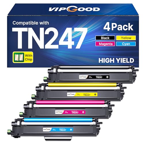 VIPGOOD TN247 DCP-L3550CDW TN 243CMYK Compatible Toner Cartridges for Brother TN-247 TN243 for MFC-L3750CDW DCP-L3550CDW MFC-L3770CDW MFC-L3730CDN HL-L3270CDW (Black Cyan Yellow Magenta, Pack of 4)