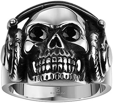 Men's Vintage Punk Silver Skull Head Biker Stainless Steel Rings Band, 10
