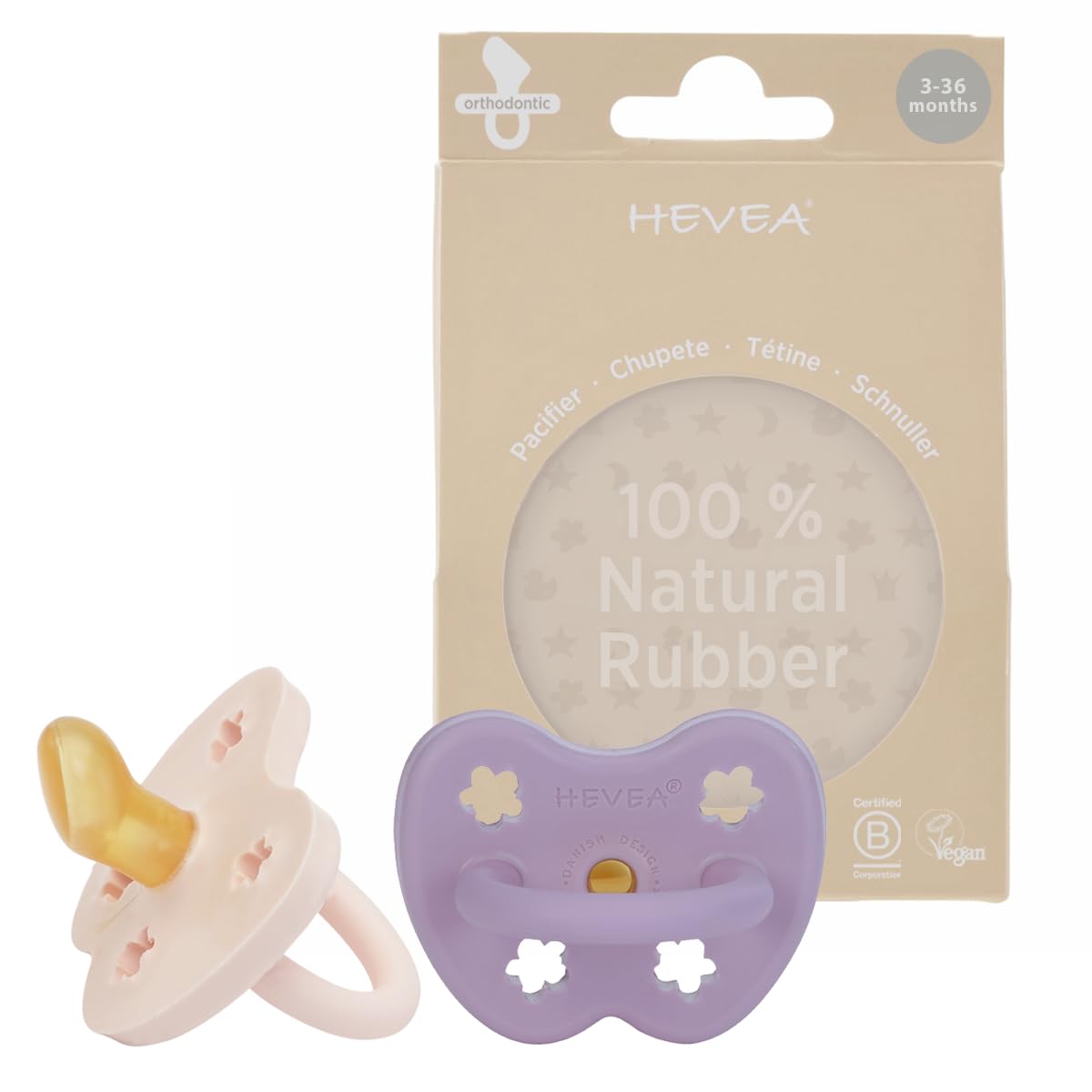 HEVEA Natural Rubber Dummy Pacifier Orthodontic 3-36 Months – Hygienic One Piece Design for Newborns to Toddlers, BPA-Free, Soft & Durable – 2-Pack (Powder Pink & Lavender)