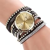 New Women Crystal Rivet Bracelet Quartz Braided Winding Wrap Wrist Watch