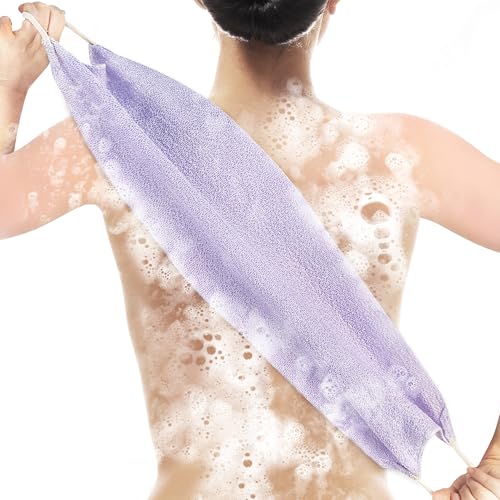 Culture Gifts Extended Exfoliating Back Scrubber with Handles, Nylon Cleaning Exfoliator Washcloth for Body, Stretchable Pull Strap Soft Quick-Drying Rough Scrub Towel, Purple