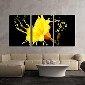 Bright Flower with Yellow Splashes on Black Background x3 Panels