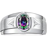 Rylos Men's Rings Classic Design 7X5MM Oval Gemstone & Sparkling Diamond Ring - Color Stone Birthstone Rings for Men, Sterling Silver Rings in Sizes 8-13. Timeless Elegance!