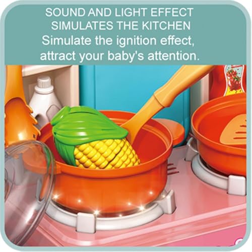 R REVA Mini Kitchen Playset for Kids Ages 3-8, 33PCS Compact Tabletop Pretend Play Cooking Set, 45cm Tall with Water Circulation Sink, Light & Sound Effects, Cookware & Food Accessories