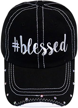 Spirit Caps Embroidered Blessed Black Torn bill Look Cap Hat W/Stones