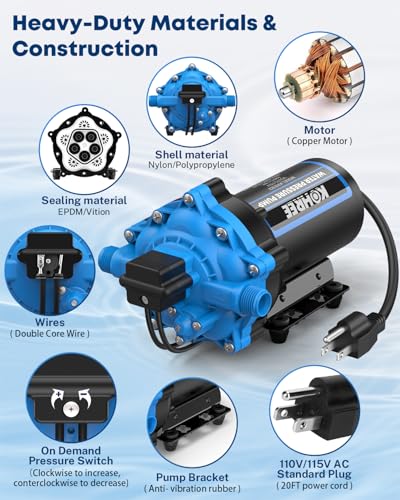 Kohree 7.0 GPM 70 PSI 110V AC Water Pressure Pump, On Demand Self-Priming RV Fresh Water Pump, 5-Chamber Diaphragm Pump with Pressure Switch and Strainer for RV, Marine, Garden, Kitchen, Bathroom