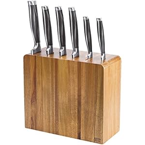 Jamie Oliver 6 Piece Acacia Knife Block - Includes Paring, Santoku, Utility, Chef's, Carving and Bread Knives with Black…