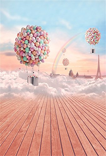 Aaloolaa Photography Background Photo Backdrops Wedding Dream Sky Colorful Hot Air Balloons Eiffel Tower Wooden Floors Lovers Kids Portrait Scene Props for Video Shooting Studio 3x5ft Vinyl 1x1.5m