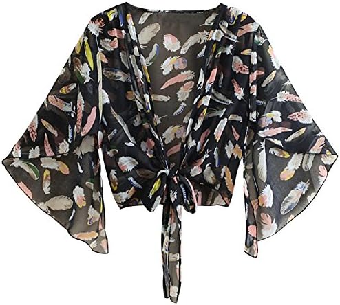 ShengTu Summer Women's Knotted Tie Chiffon Shawl Thin Printed Cardigan (US S, Black)
