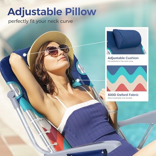 ALPHA CAMP Set of 2 Beach Chair, Beach Chairs Low Folding Lightweight, Foldable Backpack Beach Camping Chair with 4 Position, Cooler Bag, Headrest, Armrest, Wave Blue