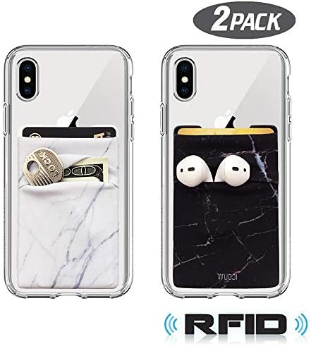 WUOJI RFID Blocking Phone Card Wallet - Double Secure Pocket - Ultra-Slim Self Adhesive Credit Card Holder Card Sleeves Phone Wallet Sticker All Smartphones(Marble)-2PC