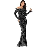 Romagic Off Shoulder Feather Long Sleeve Sparkle Sequin Floor Length Evening Party Dress