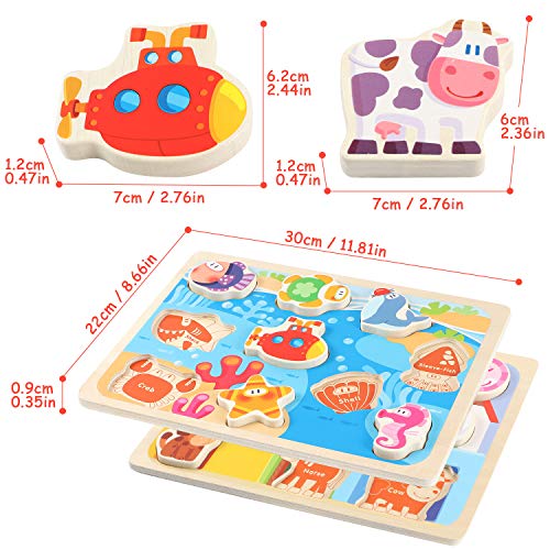 Lewo Wooden Chunky Puzzle Farm and Fish Puzzle Board Preschool Learning Educational Toys for Toddlers (Pack of 2)