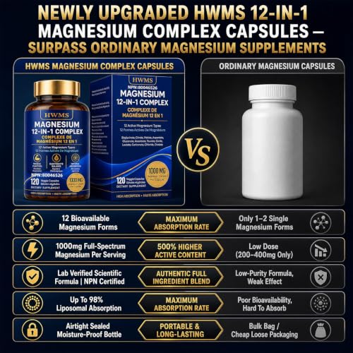 Magnesium Complex 1000mg 12 in 1 Magnesium Supplement with Glycinate Citrate Malate Oxide Taurate Aspartate Orotate Magnesium Relaxation,Muscle, Vegan 120 Capsules