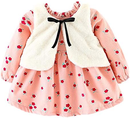 POIUDE Clearance Girl Clothes Baby Long Sleeve Cartoon Warm Thick Flower Princess Dress+Waistcoat 2pcs Set