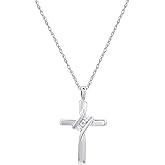 GILDED Small 10K White Gold Natural Round-Cut Diamond Accent (I-J Color, I2-I3 Clarity) 3 Stone Cross Pendant-Necklace,18"