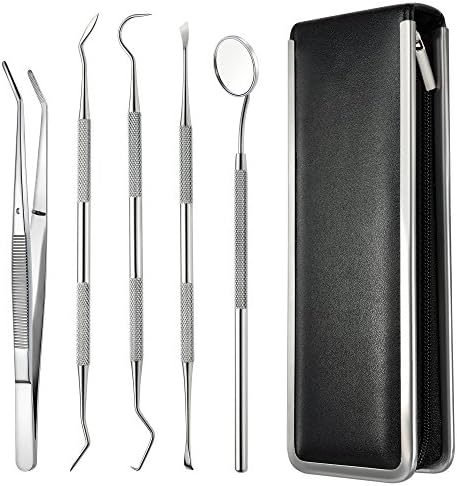 Dental Tools, Dinfu High Grade Stainless 5 Pack Dental Picks for Dentist Home & Pet Use,Tarter Scraper, Tooth Pick, Dental Scaler, Tweezers and Mouth Mirror (Black)