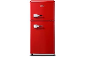 KRIB BLING 3.5 Cu.Ft Refrigerator with Freezer,Vintage Double Door,Lock Fresh,7 Level Adjustable Thermostat ct for Dorm, Bar, Office,Kitchen, Apartment，Red