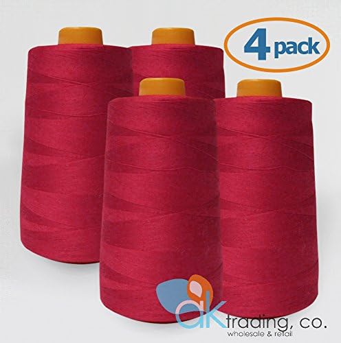 AK Trading 4-Pack RED All Purpose Sewing Thread Cones (6000 Yards Each) of High Tensile Polyester Thread Spools for Sewing, Quilting, Serger Machines, Overlock, Merrow & Hand Embroidery.