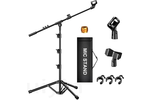 Microphone Stand, Tripod Boom Arm Floor Mic Stand Height Adjustable Heavy Duty with Carrying Bag 2 Mic Clips 3/8" to 5/8" Ada