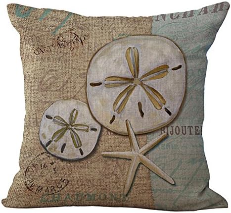 Cotton Linen Vintage Mediterranean Ocean Series Marine Organisms Conch Shells and Starfish Sand Dollar Throw Pillow Covers Cushion Cover Decorative Sofa Bedroom Living Room Square 18 Inches