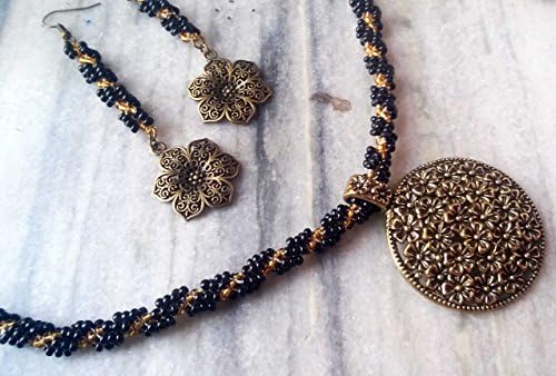 Black necklace, pendant necklace, antique gold pendant necklace, black and golden necklace, dutch spiral necklace, metal pendant necklace