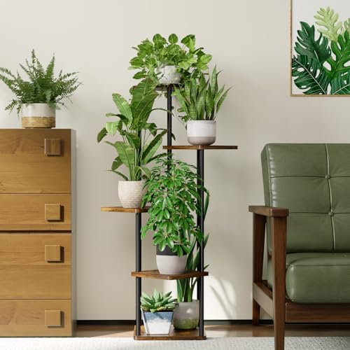 Support Plantes Intérieur À 5 Niveaux, Porte Plante Intérieur Pour Plusieurs Plantes, Étagère Plante En Métal Brun, Porte Plante Extérieur (Brun Rustique)