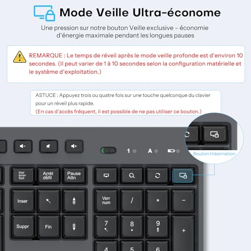OMOTON AZERTY Wireless Keyboard and Mouse, 2.4 GHz Wireless Keyboard and Mouse Set, Standing, Quiet, Multimedia, Ergonomic, Full Size Compatible with Windows/Linux PC, Ideal for Office (Black-Grey)