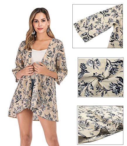 PopStore Women's Floral Print Sheer Kimono Cardigan Capes Chiffon 3/4 Sleeve Patchwork Casual Cover up Blouse Tops Beige - Thumbnail 3