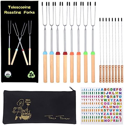Marshmallow Roasting Sticks - Telescoping Stainless Steel Roasting Sticks For Kids Campfire, Backyard, BBQ, Camping Including 8 Pcs 32 Inch and 8 pieces of 12 inch Barbecue Hot-dog Forks