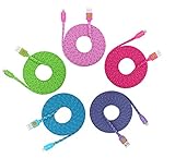 HIGH QUALITY 5 Pack of 10ft Multi-Colored Braided Flat Noodle Lightning 8 pin to USB Cables for iPhone 5 / 5C / 5S / 6 / 6 Plus , iPad Mini, iPad Air, iPod Touch 5th Gen, Nano 7th Gen, - Latest IOS Supported (pink.hotpink.purple.blue.green)